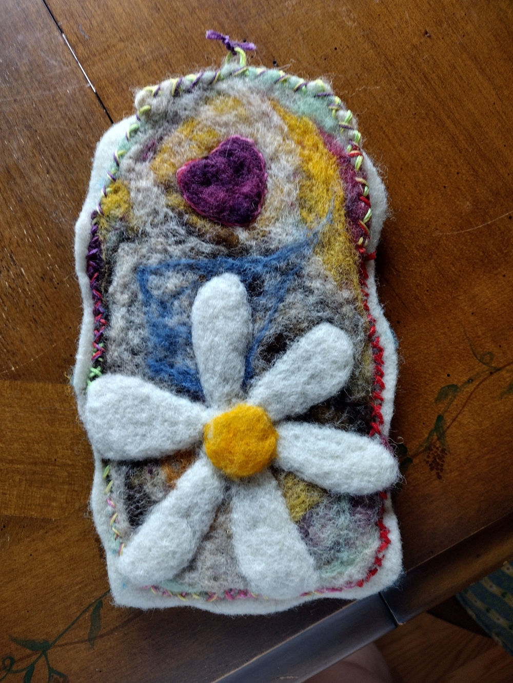Handcrafted Felted Wool Daisy Pouch/Pocket - White & Yellow Flower